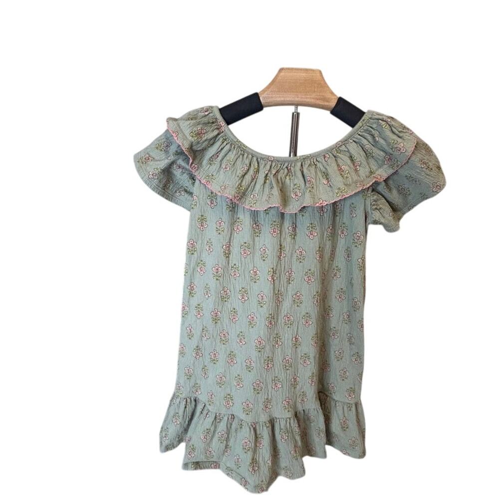 Modern Moments light green floral dress delicate ruffle neck picot stitch sz 4T